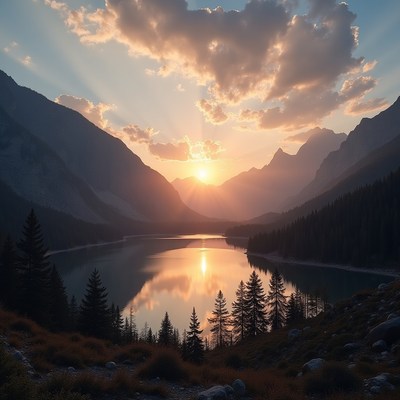 Sunset over tranquil lake in mountainous landscape