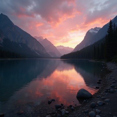 Sunset over a serene mountain lake