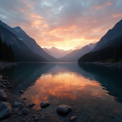 Sunset over calm lake reflecting mountains and sky