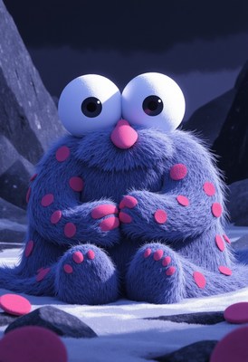 Cute furry creature sits on snowy landscape at night