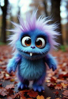 Fluffy blue creature exploring autumn forest trail