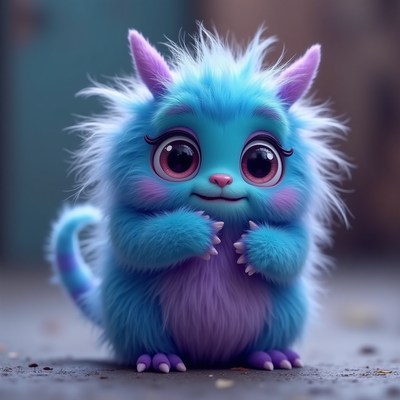 Cute blue fluffy creature with big eyes in a playful pose