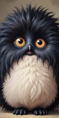 Cute fluffy black and white owl with big eyes