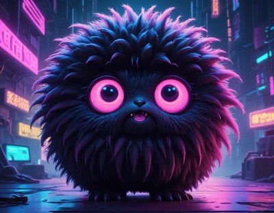 Fluffy creature in neon city during nighttime adventure