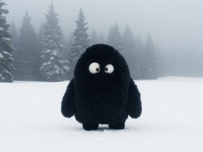 Fuzzy black figure stands alone in snowy forest landscape