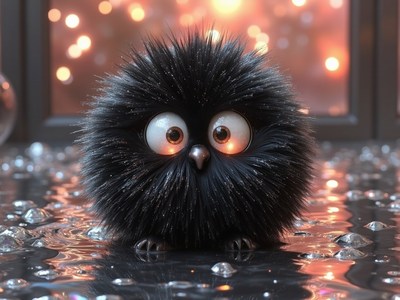 Cute fluffy character with big eyes in a shiny environment