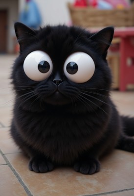 Cute black cat with oversized eyes in cozy indoor space