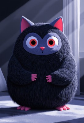 Cute fluffy character standing in a cozy room