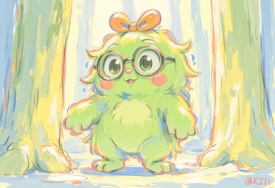 Cute green creature standing between trees in a forest