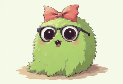 Cute green creature with glasses and bow in studio setting