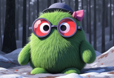 Fluffy green creature exploring snowy forest landscape