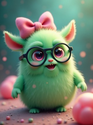 Cute green creature with glasses and a bow enjoys candy