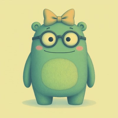 Cute green bear character with glasses and bow