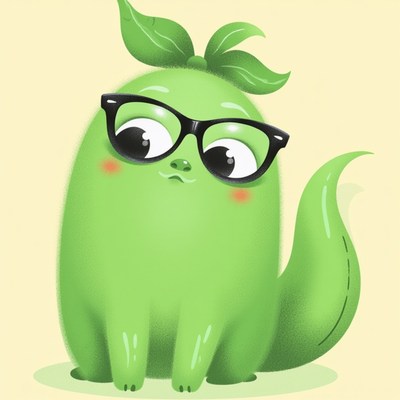 A charming green creature sits with an adorable expression
