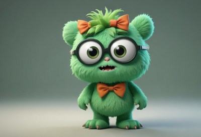 Cute green character with glasses and bowtie poses playfully