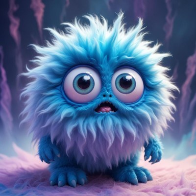 Fluffy blue creature with big eyes in a magical scene