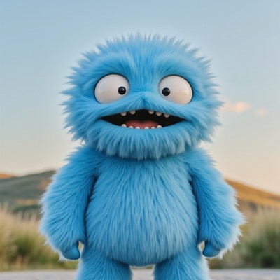 Bright blue furry creature stands outdoors in sunlight