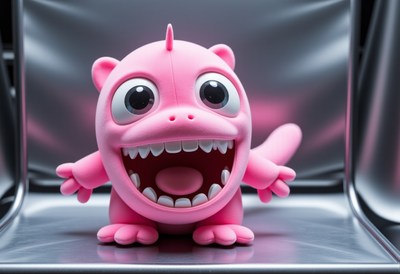 Pink toy character with big eyes and smiling expression
