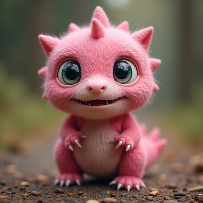 Cute pink creature on forest path in soft morning light