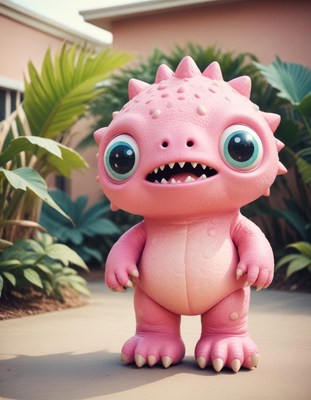Cute pink creature stands in tropical garden