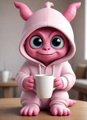 Cute pink creature enjoys a warm beverage indoors
