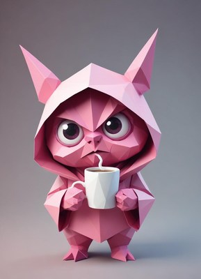 Cute pink character enjoying a hot beverage indoors
