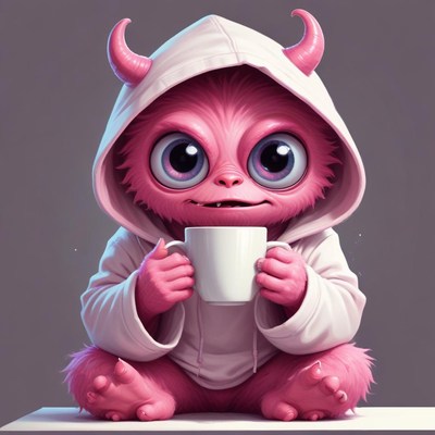 Cute pink creature enjoying a warm drink