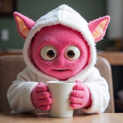 Cute pink creature enjoying a warm drink in a cozy setting