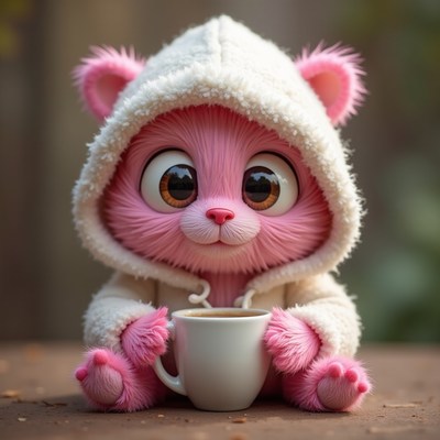 Cute pink bear character enjoys a warm drink outdoors