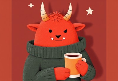 Red creature enjoying a warm drink in cozy sweater