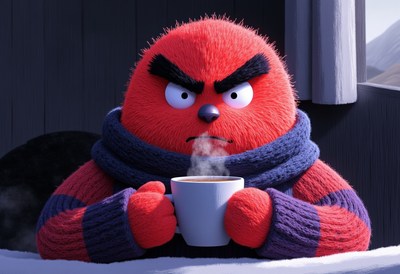 Furious red creature enjoys warm drink in cozy setting