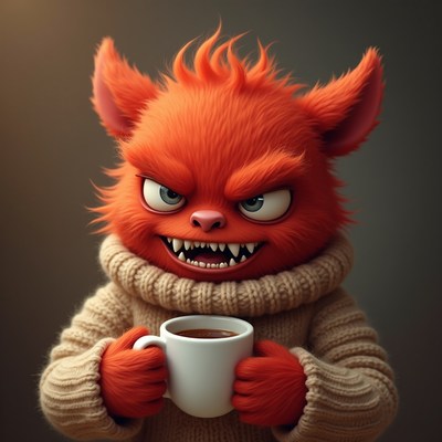 Cute orange creature enjoys a warm drink indoors