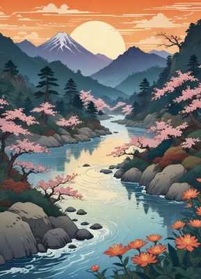 Beautiful cherry blossoms along a tranquil river
