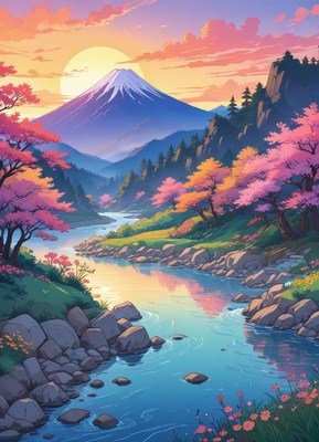 Sunset over a serene river with cherry blossom trees