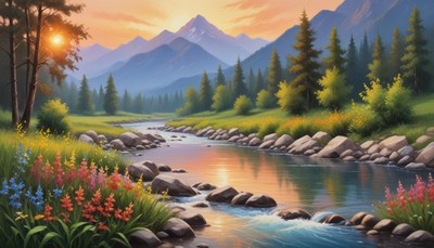 Mountain sunrise over a tranquil river with flowers
