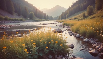 Serene river flows through a blooming valley at sunset