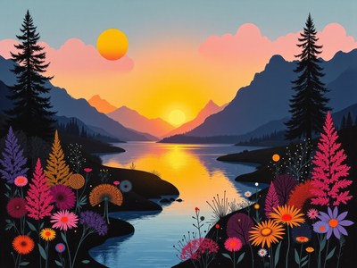 Sunset over mountains and river with vibrant flowers