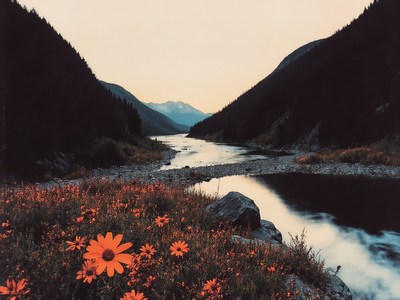 Colorful wildflowers near a serene river at sunset