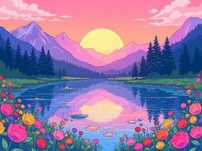 Sunset over a tranquil lake surrounded by mountains