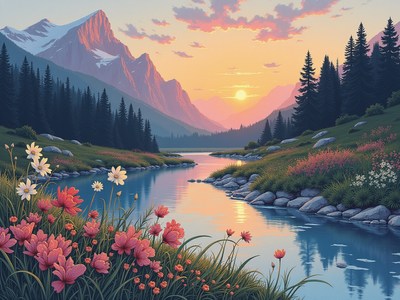 Sunset over serene mountain river landscape with flowers