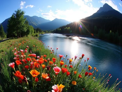 Bright flowers by the river at sunrise in the mountains