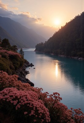 Sunrise over a peaceful lake surrounded by blooming flowers
