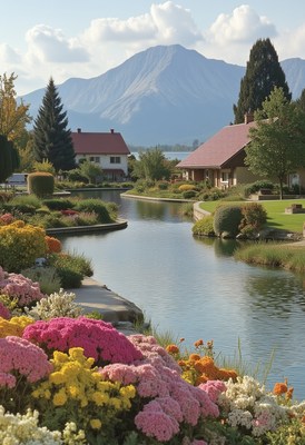 Serene garden view with mountains and waterway in autumn