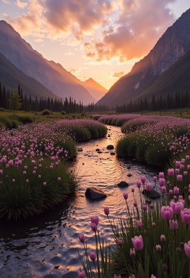 Majestic sunset over river in blooming valley