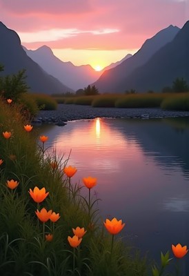 Sunset over tranquil mountains and blooming flowers
