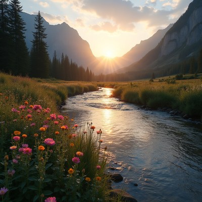 Majestic sunset over tranquil river in mountain valley
