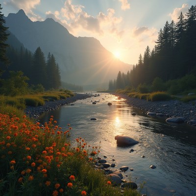 Serene sunset over a river in a mountain valley