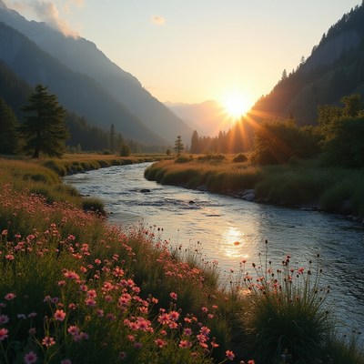 Sunrise over a tranquil river with blooming flowers