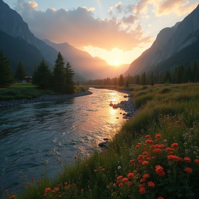 Beautiful sunset over a calm river in the mountains