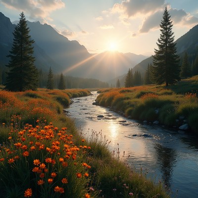 Morning light reflects on a river in a mountain valley